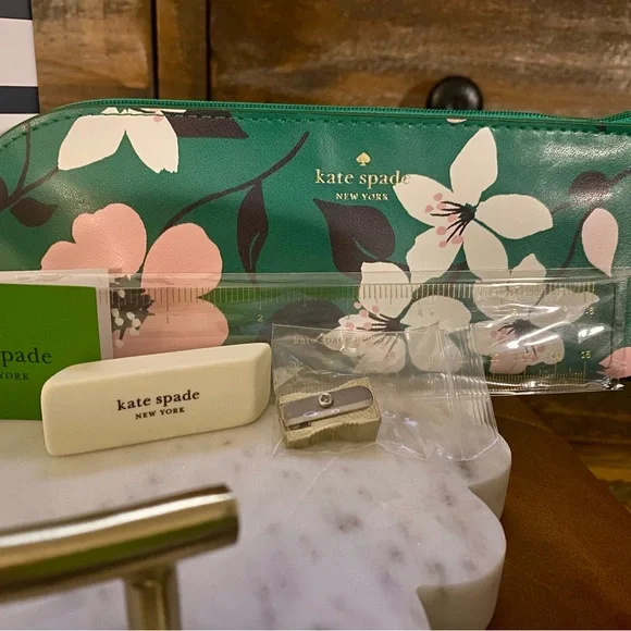 Kate Spade Green and Pink Floral Pencil Pouch and Matching Notebook - Picture 2 of 2